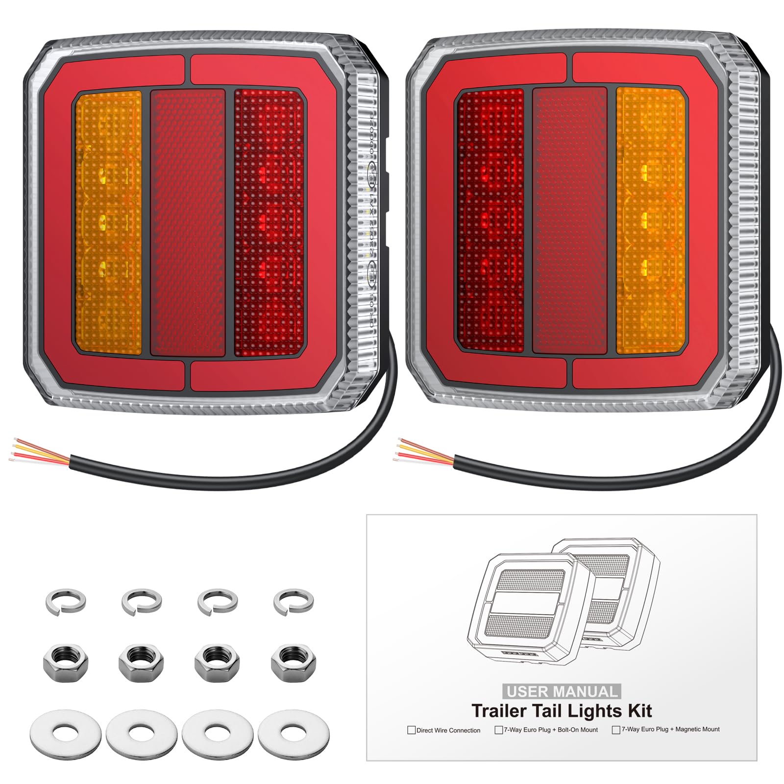 Kit di 2 Fanali Posteriori a LED per Rimorchio Impermeabili IP65, Luci Posteriori per Rimorchio e Roulotte a 12V-30V, Omologate E-Mark E9&E57, con Funzioni Freno, Direzione, Posizione e Targa