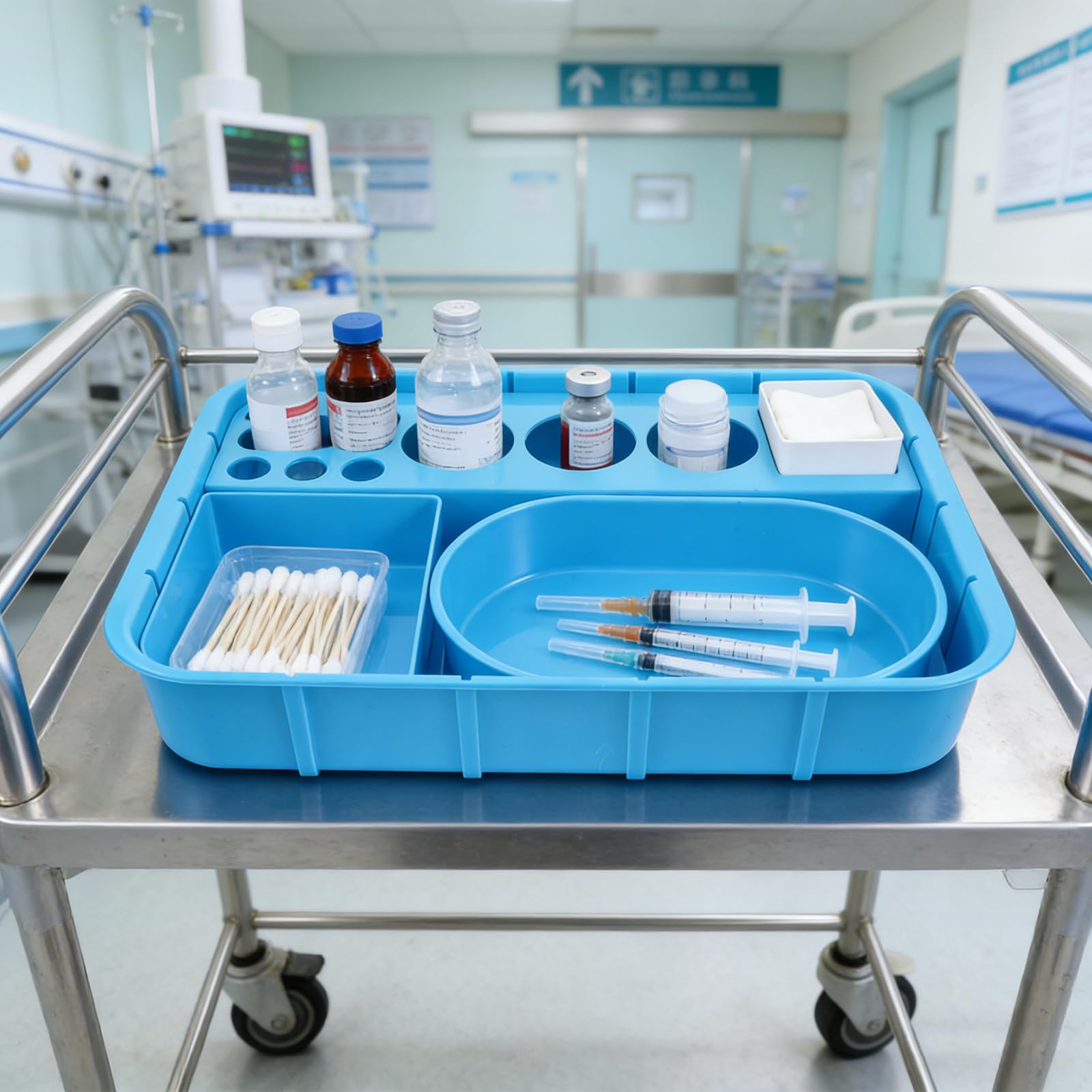Dispensador de Medicamentos Médico Azul de Plástico Compartimentos Integrados y Diseño Apilable Vertical para Hospitales y Salas de Infusión
