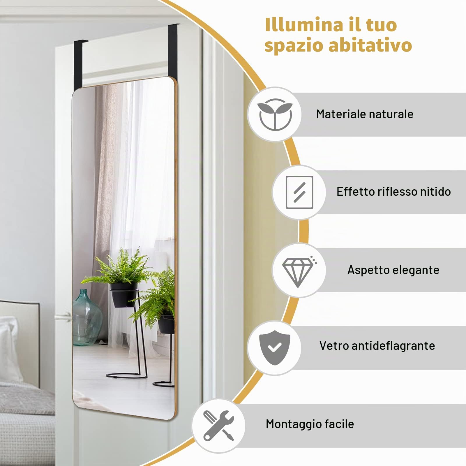 GYMAX Specchio da Porta e da Parete, con Cornice Rettangolare in Bambù di Alta Qualità, Vetro Molato con Pellicola Protettiva, Design Elegante, Ampia Gamma di Applicazioni, 100x35x1,9 cm