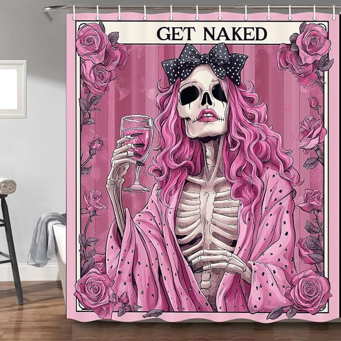 Funny Skull Skeleton Shower Curtain Pink Halloween Gothic Red Rose Floral Red Wine Girl Horror Scary Bathroom Shower Curtain with Polyester Hooks 71X71 inch