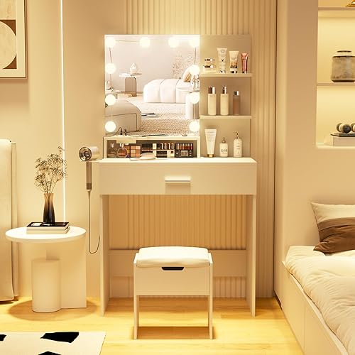 Miniatura 4 de Fameill Mesa de tocador de maquillaje con espejo iluminado y estación de carga, juego de tocador blanco con 3 modos de iluminación, brillo