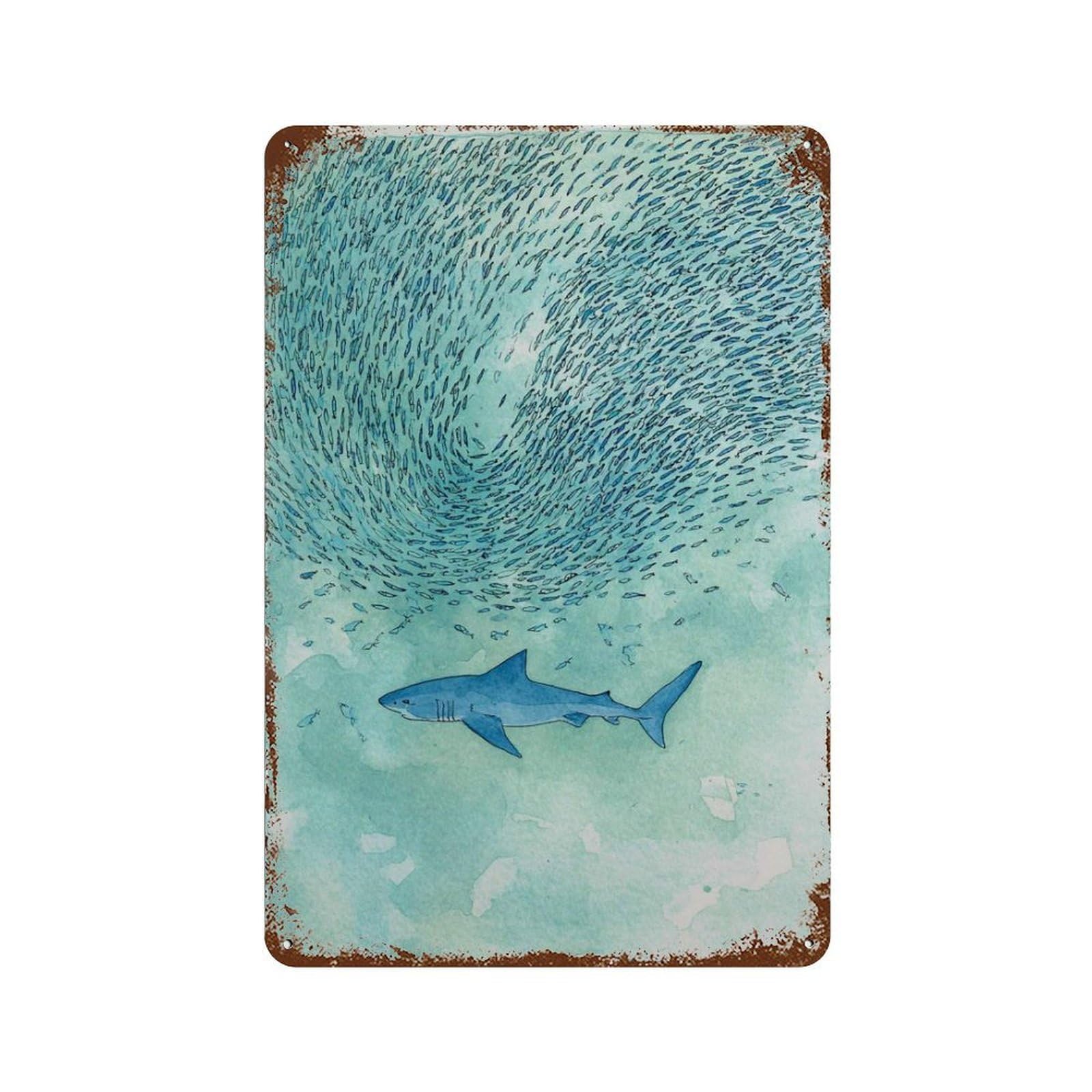 xiaoxiaoshen Shark Ocean Watercolor Underwater Sea Life Marine Wildlife Work Coastal Nautical Wall Decor Art Metal Tin Poster Modern Home Decor Art Home Bar Shop Decorations Vintage Sign 30x20cm