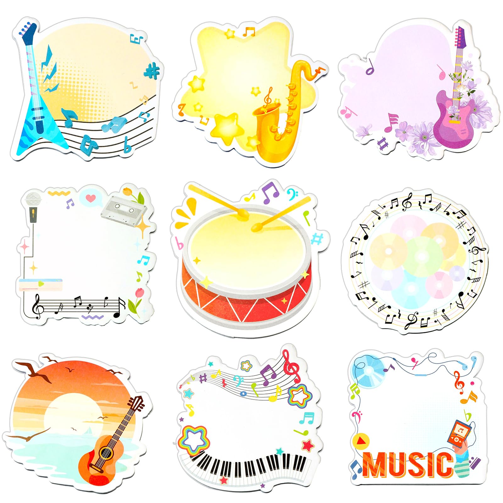MWOOT 9 Pcs Music Themed Sticky Notes, Musical Notes Instruments Self-Adhesive Writing Notepads, Music Lovers Gifts Memopads Essentials for School Office Records Checklist Supplies Stationary