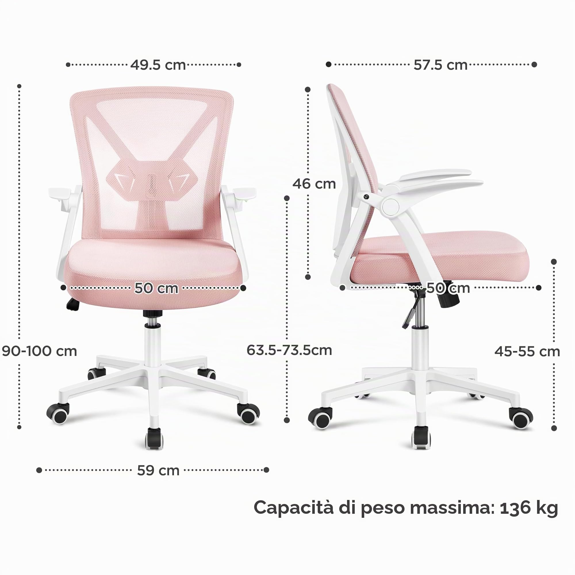 Sedia Ufficio Scrivania Ergonomica con Supporto Lombare Rosa | Altezza Regolabile, Braccioli Ribaltabilie, Ruote Girevole, Traspirante, Schienale Reclinabile, Funzione Dondolo, Camera