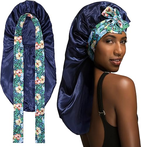 MBJERRY Gorro largo de satén para trenzas, capó de seda para dormir, banda elástica para mujeres negras, cabello rizado