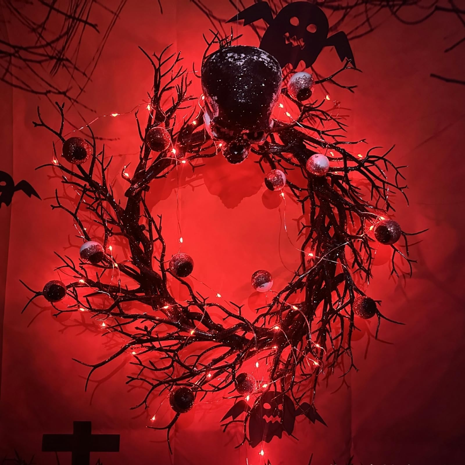 Ghirlanda Horror di Halloween con scheletri per la Porta d'ingresso con luci e Occhi Rossi, Ghirlanda spettrale per Halloween, Decorazioni per Esterni e Interni, Decorazione autunn