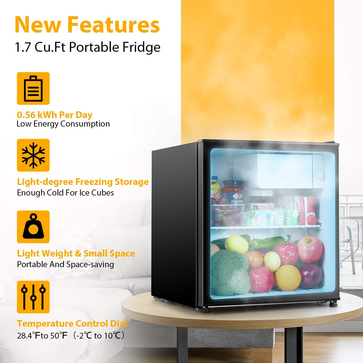 TECCPO Mini Fridge, 1.7 Cu.Ft. Small Refrigerator, Energy Star, 6 Adjustable Thermostat Control, One-touch Easy Defrost, 37 dB, Compact Refrigerator for Bedroom, Dorm, Office - TAMF30