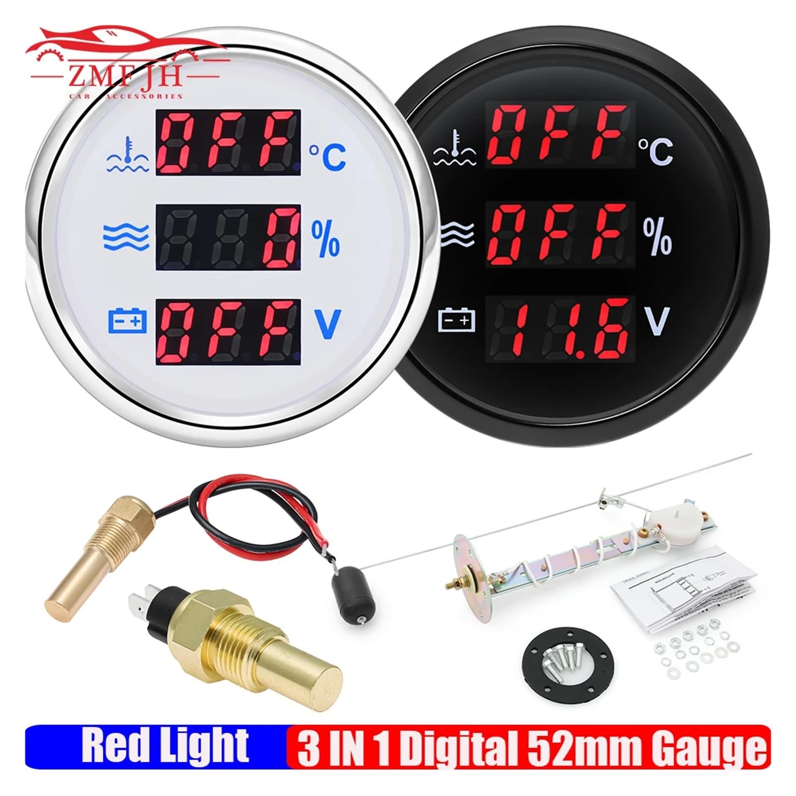 0-190ohm Temperatura del agua+Nivel de agua+Voltaje con alarma LED rojo Medidor digital de 52 mm+Sensor Coche Barco Salida estable(A M16X1.5)