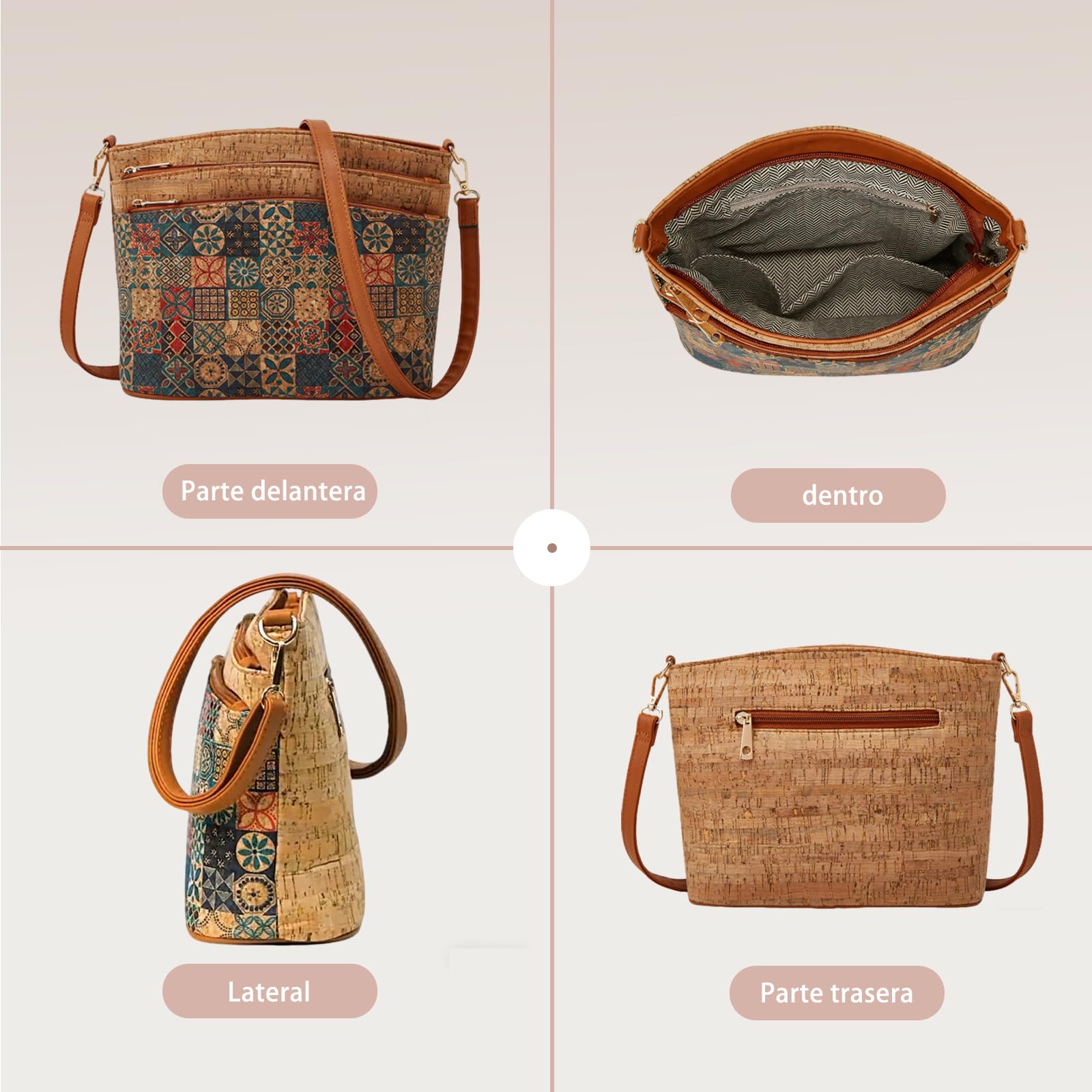 CORIOS Estilo Boho Bolsos de Hombro Bandolera para Mujer Bolso Cruzados de Corcho Natural Bolso de Mano con Estampado Étnico Retro Trabajo Compras Citas Viajes Tote