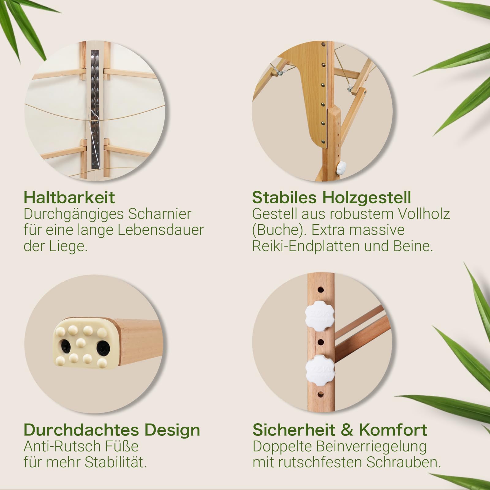 MASSUNDA – Mobile Comfort Deluxe Massageliege klappbar & höhenverstellbar – EXTRA breiter Massagetisch aus Vollholz – Massagebank mit ergonomischer Kopfstütze, Bezug, Armlehne, Kissen (Creme)