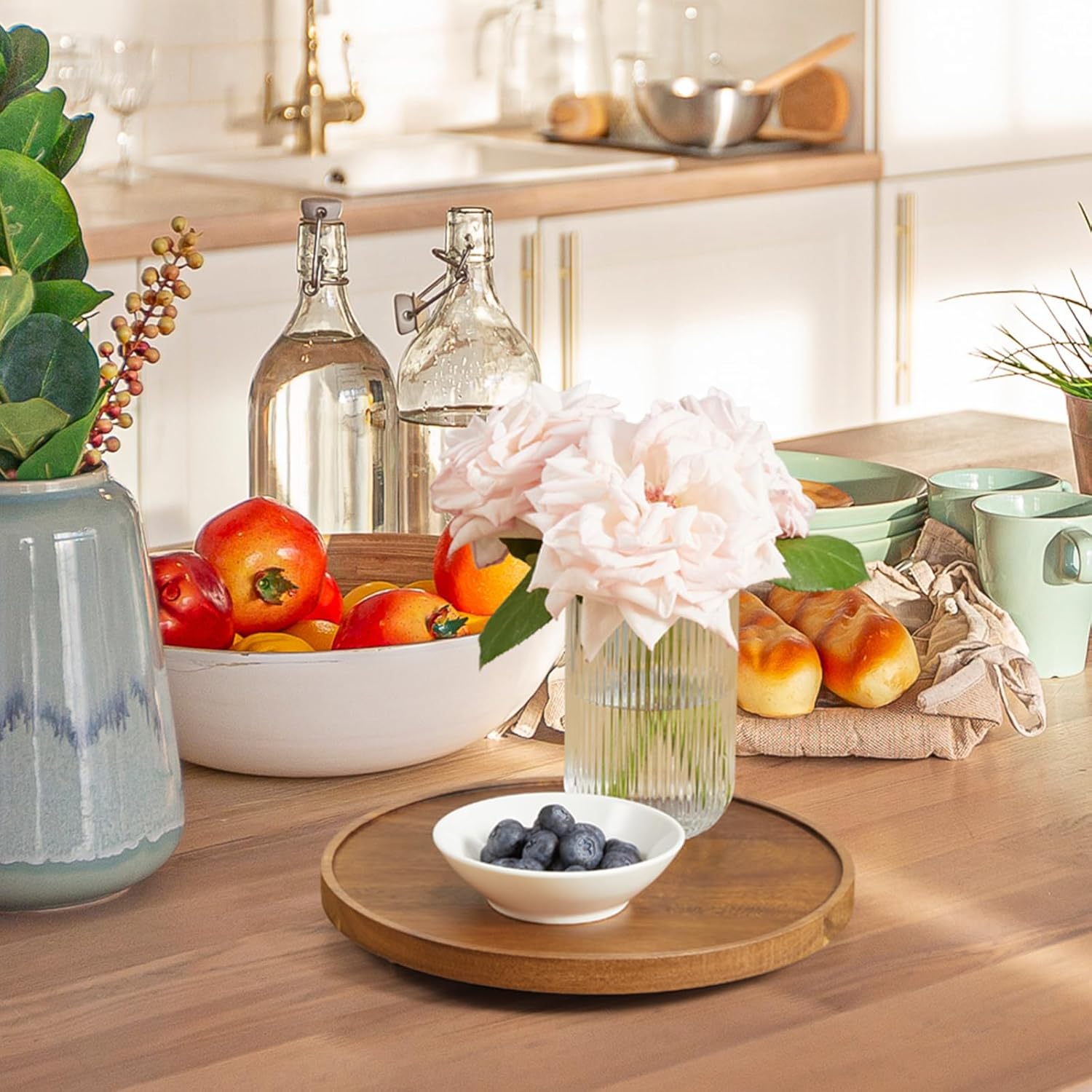 2 Pack 10“ Acacia Wood Lazy Susan Turntable Organizer for Cabinet - Round Wooden Lazy Susan Organization and Storage for Pantry Table Kitchen Countertop Cupboard Coffee Bar Farmhouse Decor