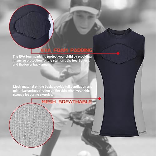 Miniatura 2 de TIAXU TIAXU Camisa de compresión acolchada para niños y jóvenes, chaleco protector para el pecho, espalda y corazón, protector para fútbol, béisbol,
