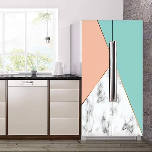 Miniatura 3 de Juego de envoltura de vinilo autoadhesivo para refrigerador, textura de mármol, líneas geométricas doradas, mural de puerta de mármol blanco y