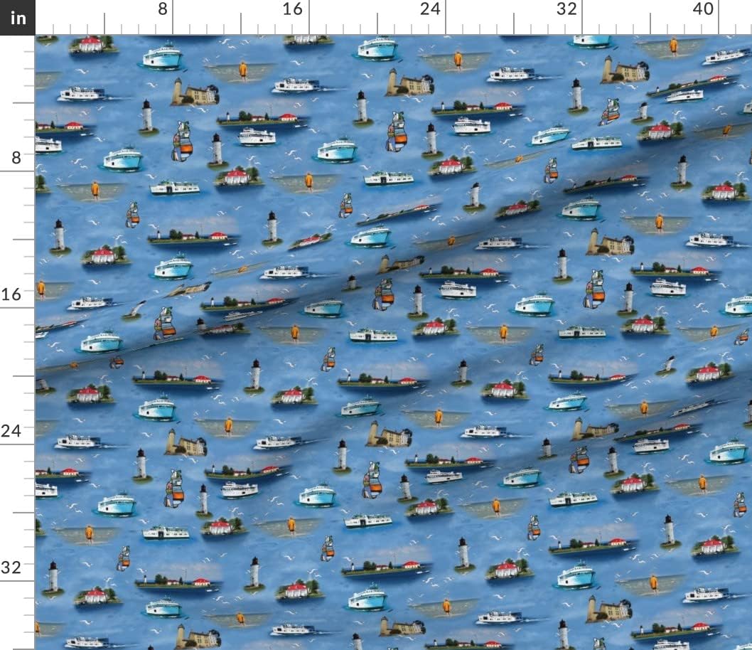 Spoonflower Fabric - Island Paradise Lighthouse Ocean Lake Nautical Blue Red White Fish Sea Printed on Petal Signature Cotton Fabric by The Yard - Sewing Quilting Apparel Crafts Decor