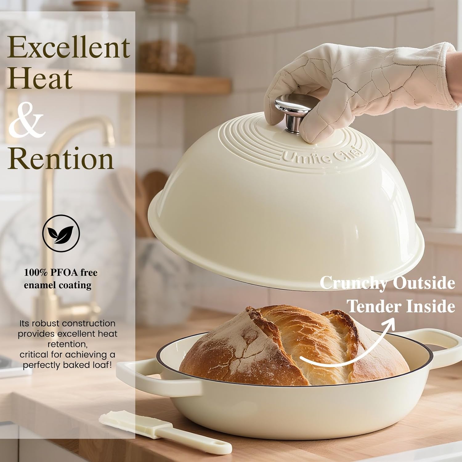 Enameled Round Cast Iron Bread Oven, 6 Qt Cast Iron Dutch Oven for Homemade Sourdough Bread Baking, Bread Pot with Dome Lid & Cotton Potholders (Cream White) - Image 4