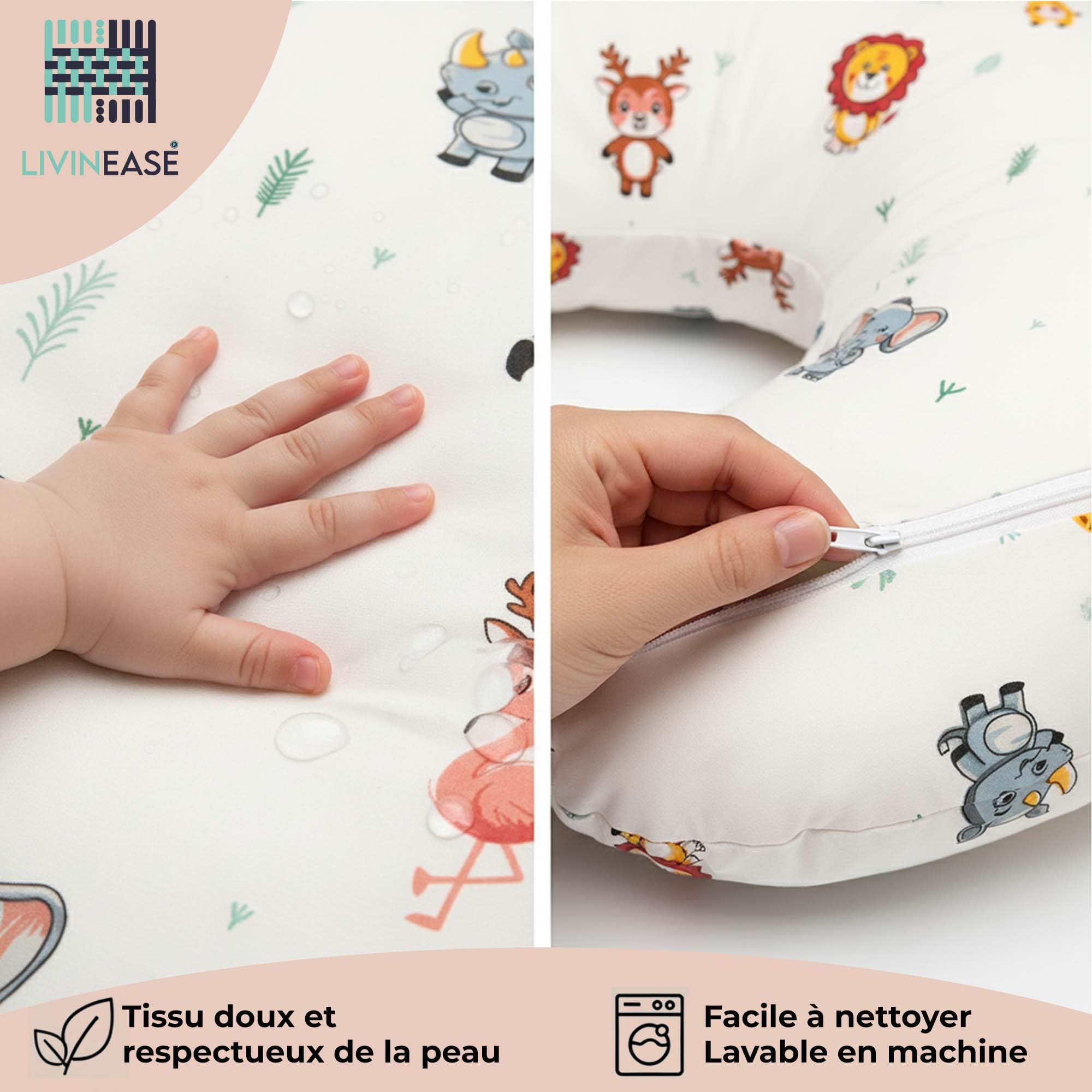 LivinEase Coussin d'allaitement pour allaitement et biberon – 100% coton certifié OEKO-TEX Coussin d'alimentation pour bébé housse lavable – Parfait pour le temps sur le ventre (Jungle)