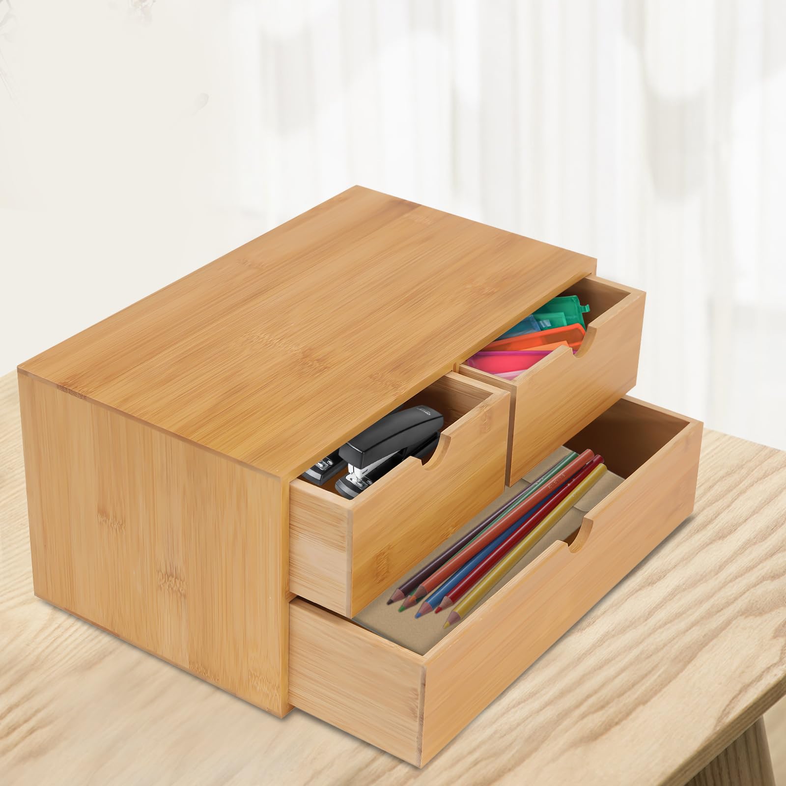 Organizador de Escritorio de Bambú Mini Cajón de Bambú para Escritorio Organizador de Sobremesa para Artículos de Tocador de Oficina No Requiere Montaje (3 Cajones)