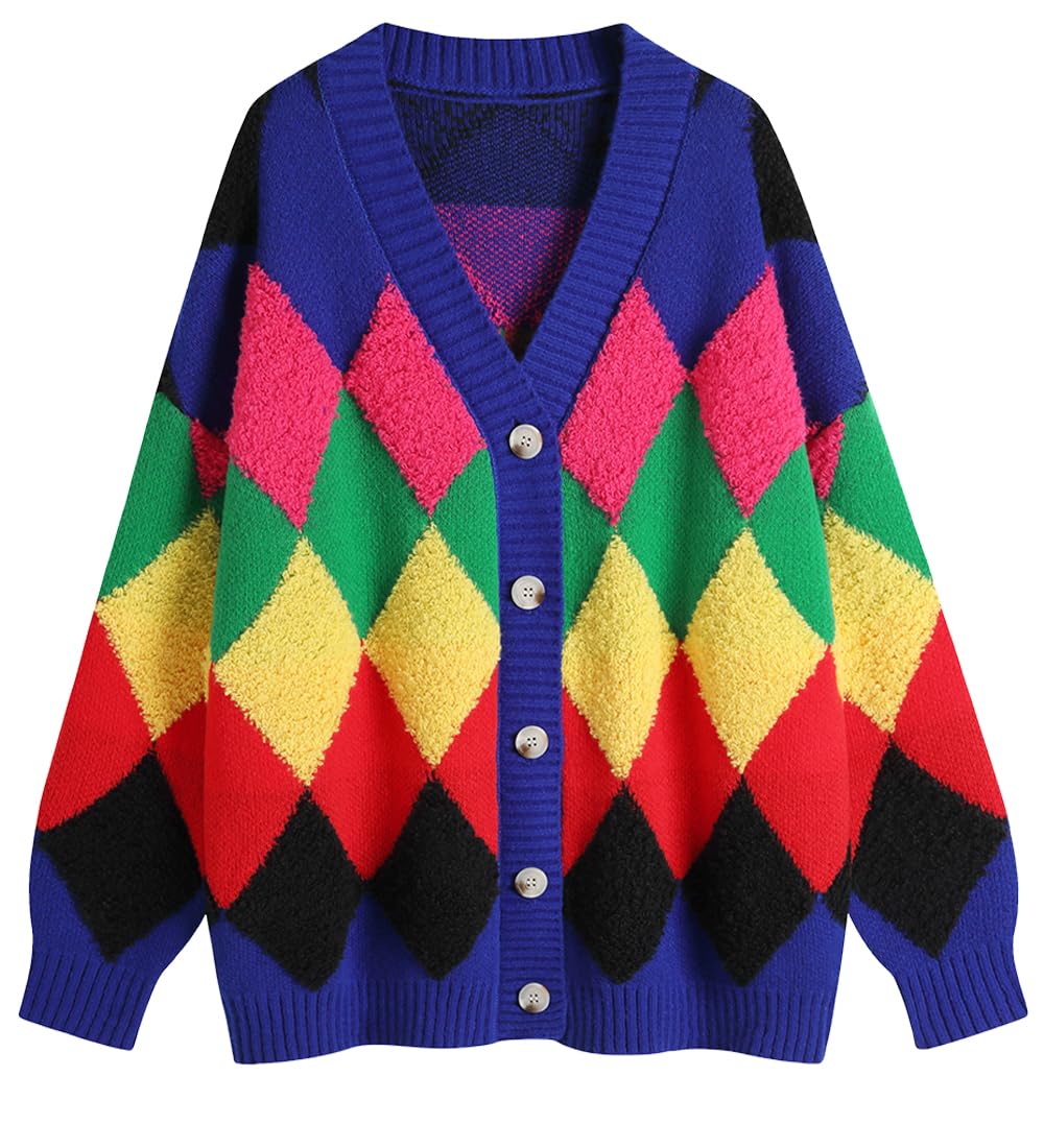 Ckikiou Womens Oversized Fall Winter Button Down Cute Color Block Knitted Chunky Sweater Cardigan Top