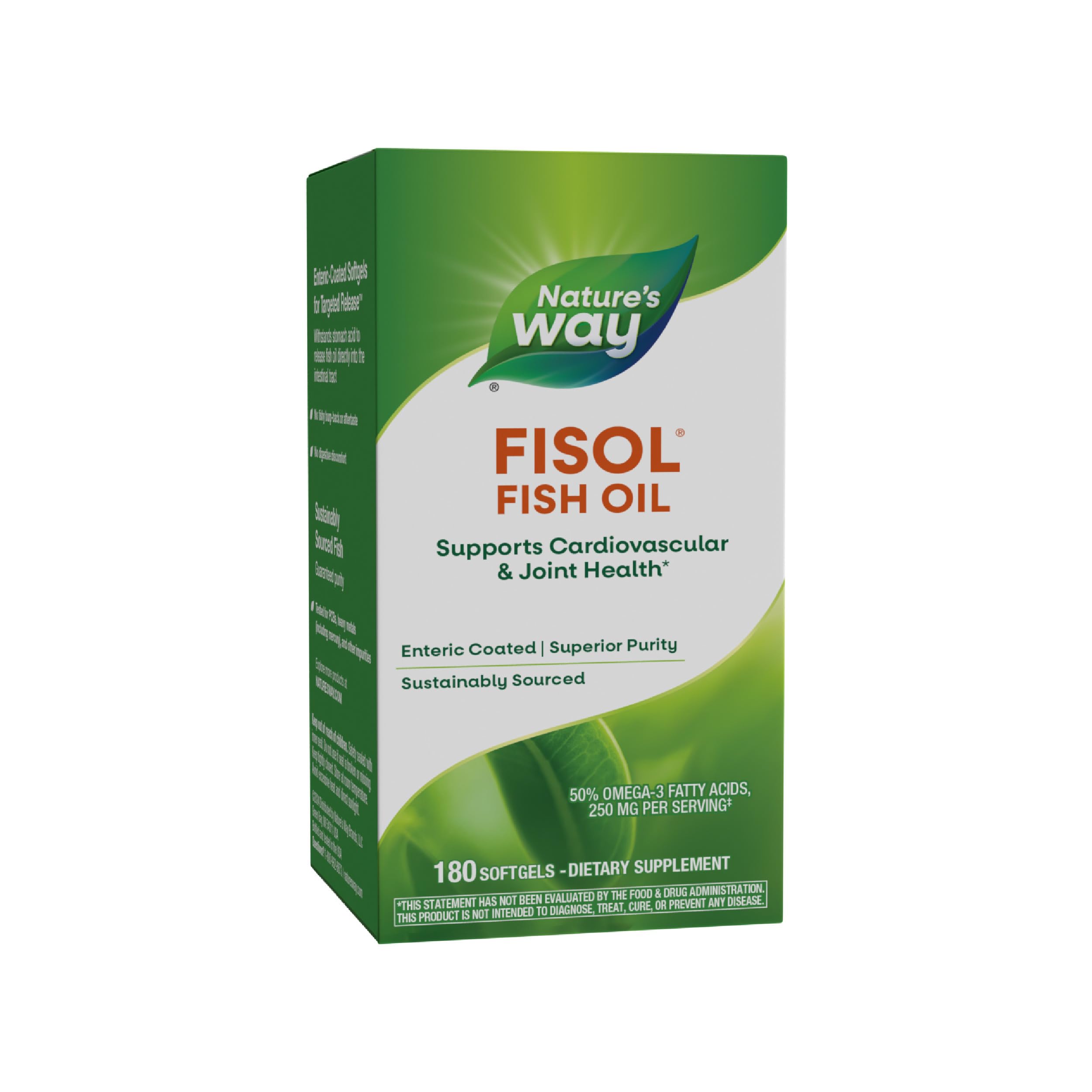 Fisol Fish Oil, Enteric Coated, Supports Cardiovascular and Joint Health*, Mega Potency Omega-3s, 180 Softgels (Packaging May Vary)