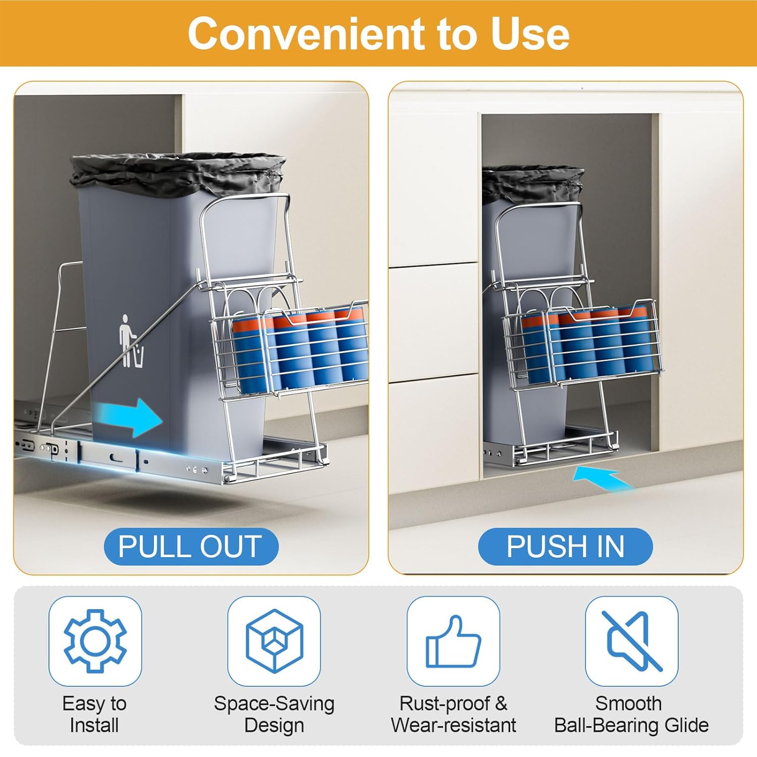 Pull Out Trash Can Under Cabinet, Cabinet Trash Can Pull Out Kit with Garbage Bag Holder, Slide Out Trash Can Cabinet, Fit for Most 7-11 Gallon Garbage, Trash Can Not Included