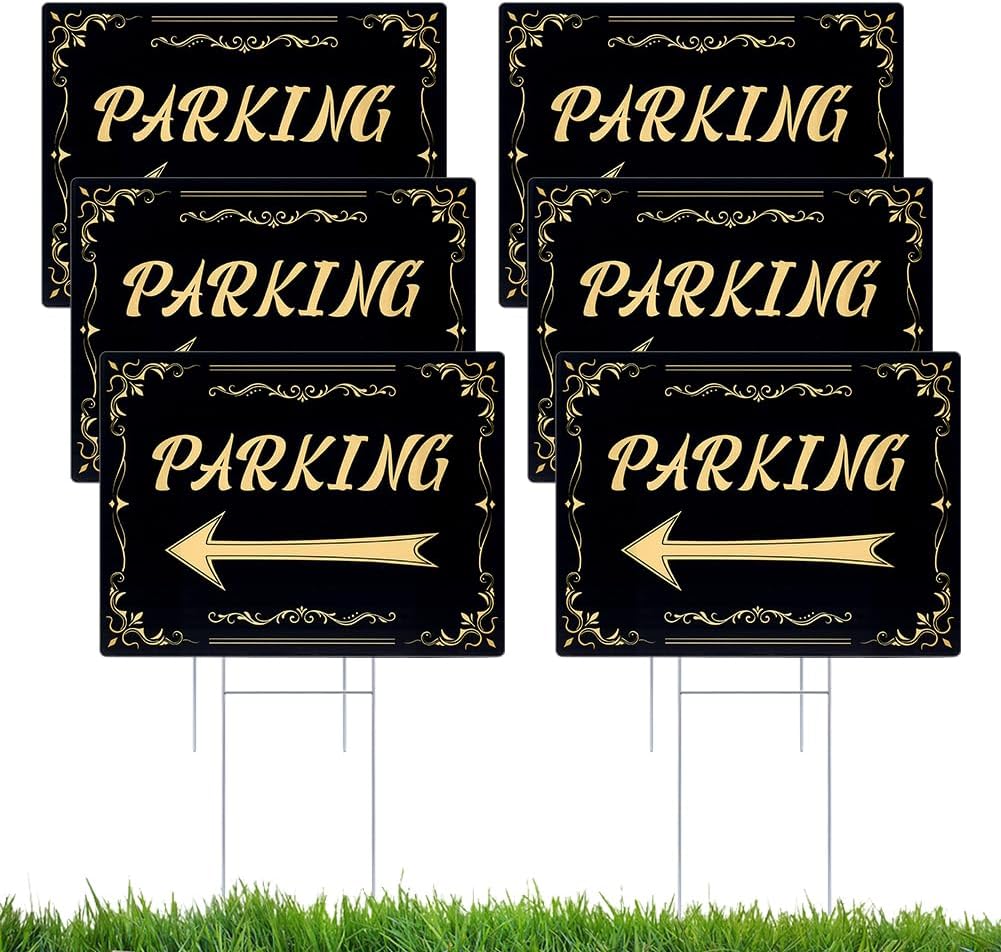 Peacoblue 6 Pcs Parking Sign with Metal H Stakes,12"x16"Double-Sided Black&Gold Arrow Signs,Waterproof Corrugated Plastic Parkway Signs for Outdoor Events,Weddings and Parties