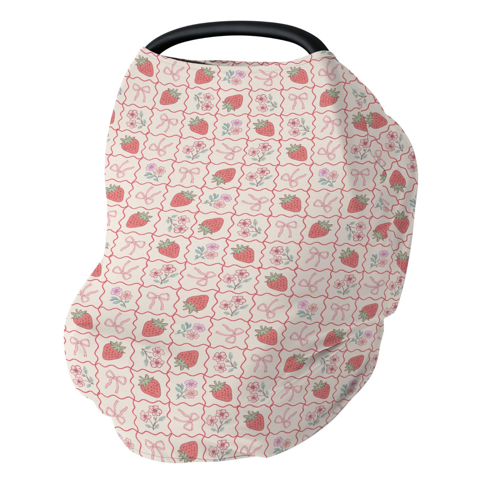 Boho Strawberry Flowers Car Seat Cover for Baby Strawberries Pink Bows Checkerboard Stretchy 5-in-1 Cover Adjustable Car Canopy Cover Summer Fruit