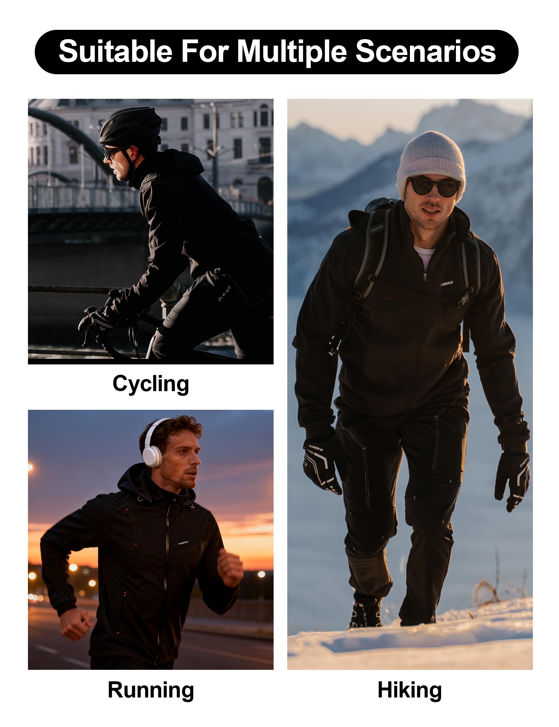 INBIKE Chaqueta Ciclismo Hombre Invierno Softshell Polar Exterior con Capucha Desmontable Cortavientos Abrigo Cálido para Senderismo Running