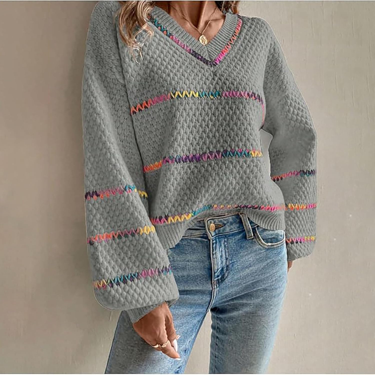 Womens Fall Sweaters Oversized Pullover V Neck Stripe Long Sleeve Drop Shoulder Knit Top Loose Rainbow Chunky Top - Image 4
