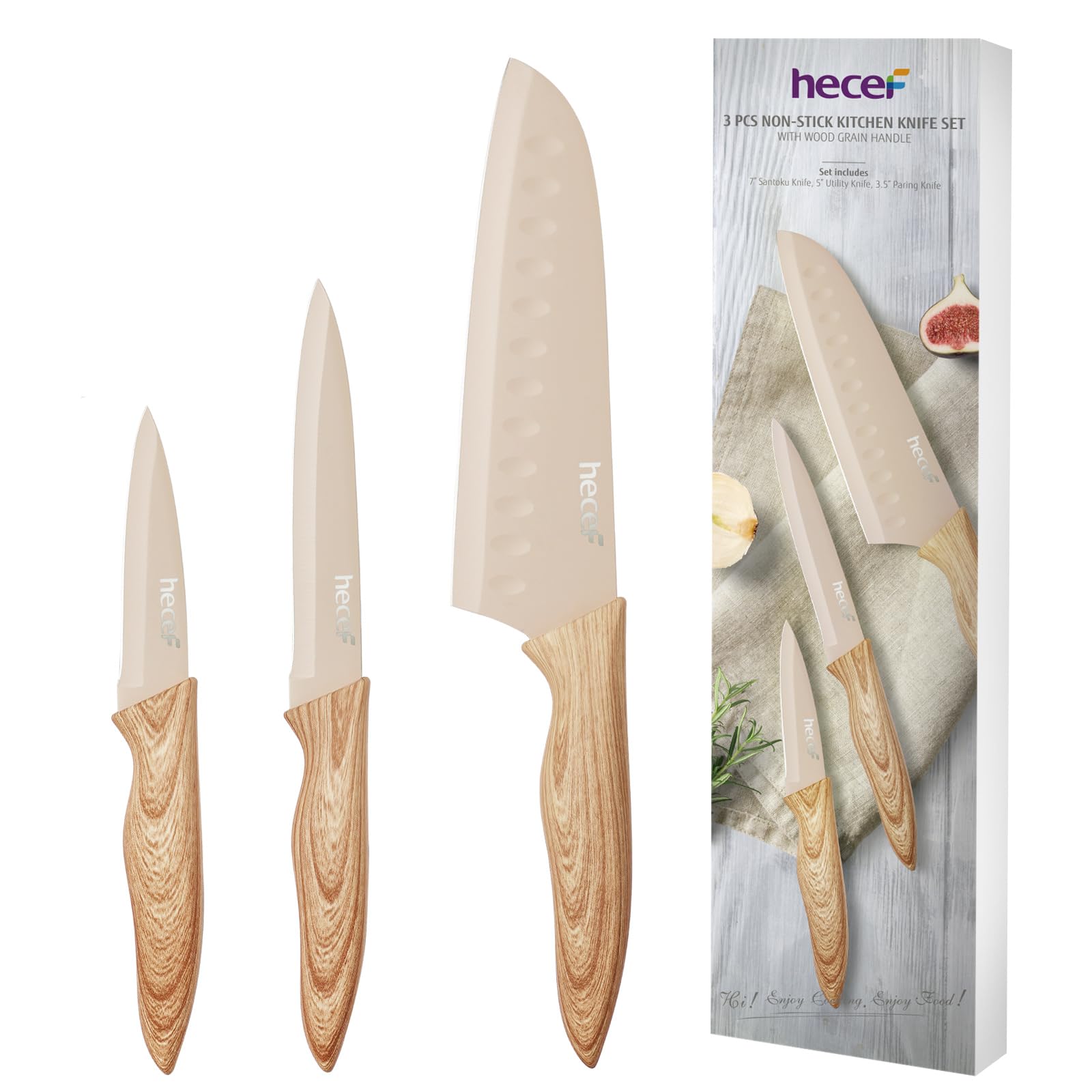 hecef Knife Set of 3 Stainless Steel Blade with Non-stick Coating Sharp Kitchen Knives Includes Santoku Utility Paring
