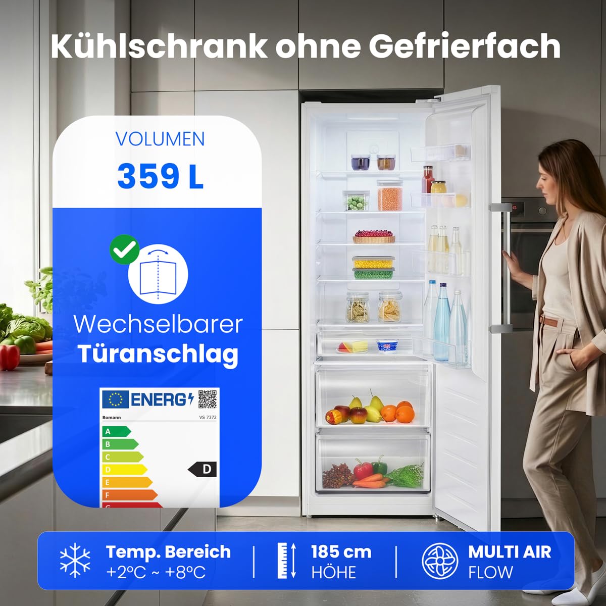 Bomann® Kühlschrank ohne Gefrierfach | XXL Getränkekühlschrank groß | Energieklasse D | 185cm | 2 bis 8°C | 5 Jahre Kompressor-Garantie | MultiAirflow | Fridge | Flaschenkühlschrank | VS 7372 weiß