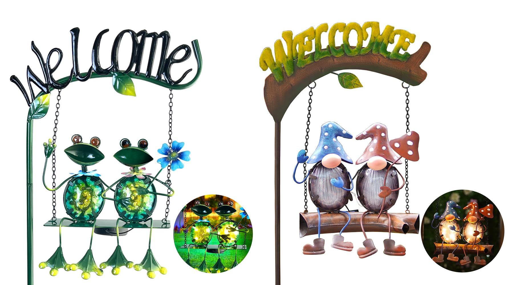 HONGLAND Solar Lights Outdoor Decor, Gnomes Swing & Frog Swing Garden Decor, Funny Gifts for Women Mom