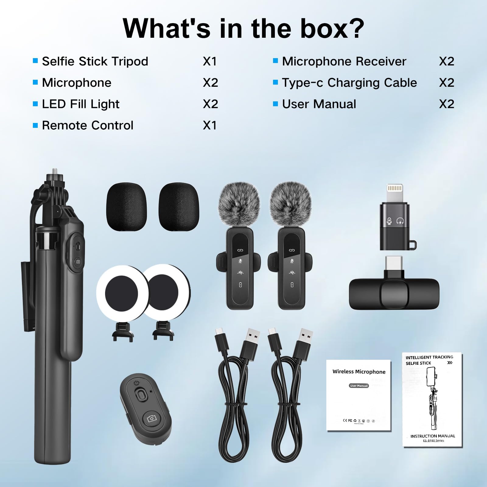 Handy Stativ Vlogging-Kit for iPhone/Android,180cm Selfie Stick mit 2 Fülllich und Kabellosem Mikrofon,Tripod Handy Stativ für Smartphone,Tiktok/YouTube Starter-Kit