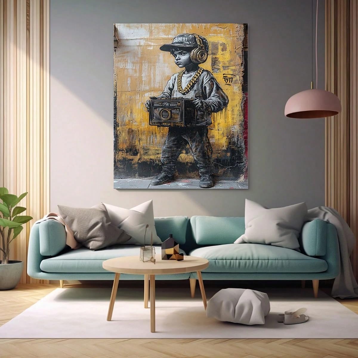 AIHNBF Graffiti Stampa su tela per ragazzo con boombox Street Art Urban Hip Hop Decorazione da parete Retro Musica Opera d'arte Giallo Nero Immagine moderna per soggiorno studio musicale adolescente
