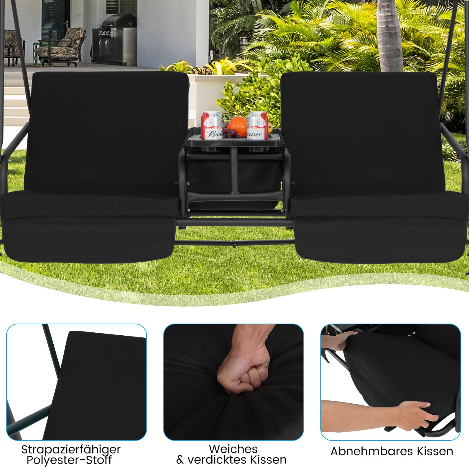 COSTWAY Hollywoodschaukel mit Kühltasche, drehbarem Tablett und abnehmbaren Kissen, 2-Sitzer Gartenschaukel mit verstellbarem Dach, Schaukelbank für Garten, Terrasse & Hinterhof, 181 x 124 x 161,5 cm