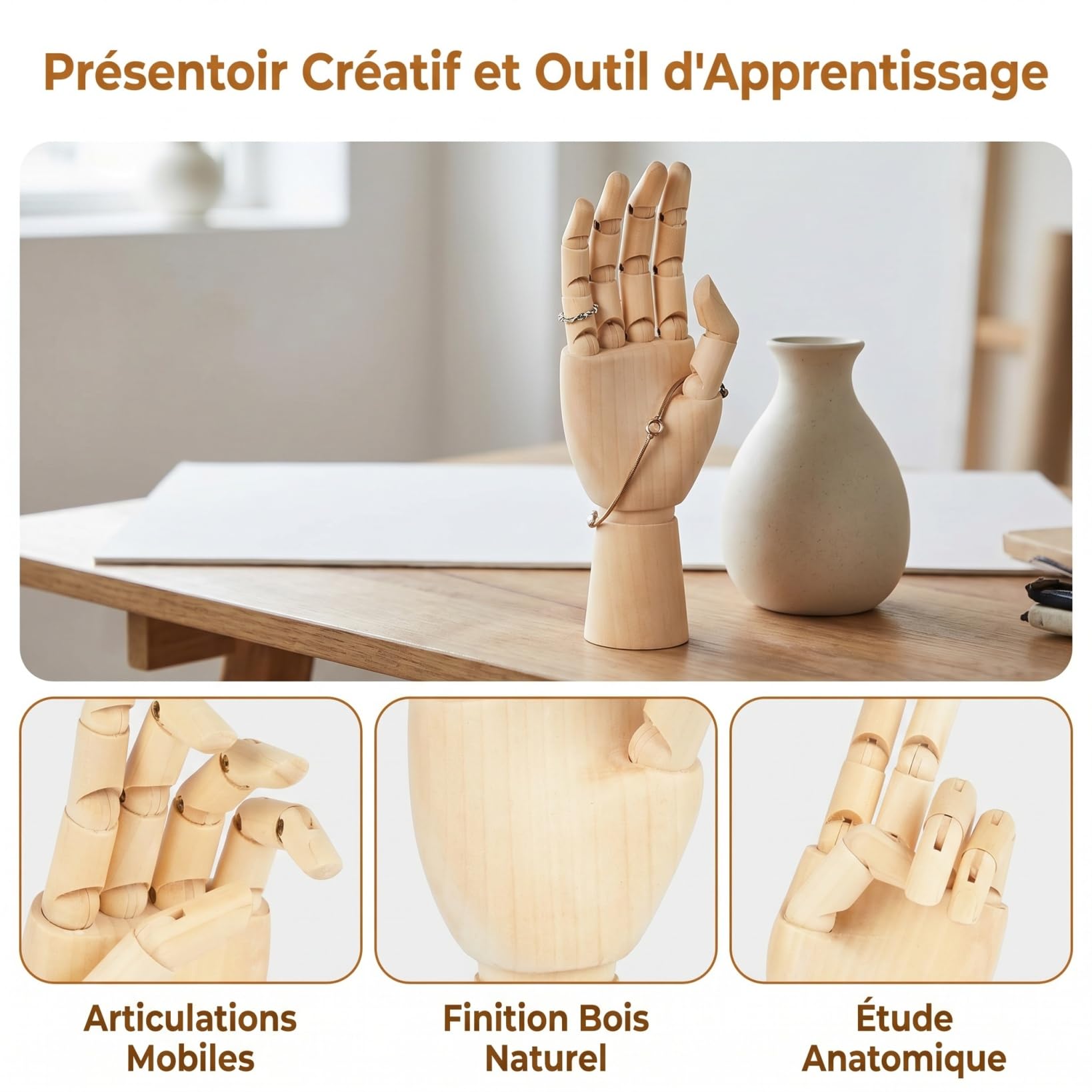 Lot de 2 Mannequins Mains Gauche & Droite 7"" Bois Kaki - Modèle Articulé pour Croquis Artistique, Présentoir Bijoux, Apprentissage Anatomie, Décoration Bureau Enfant