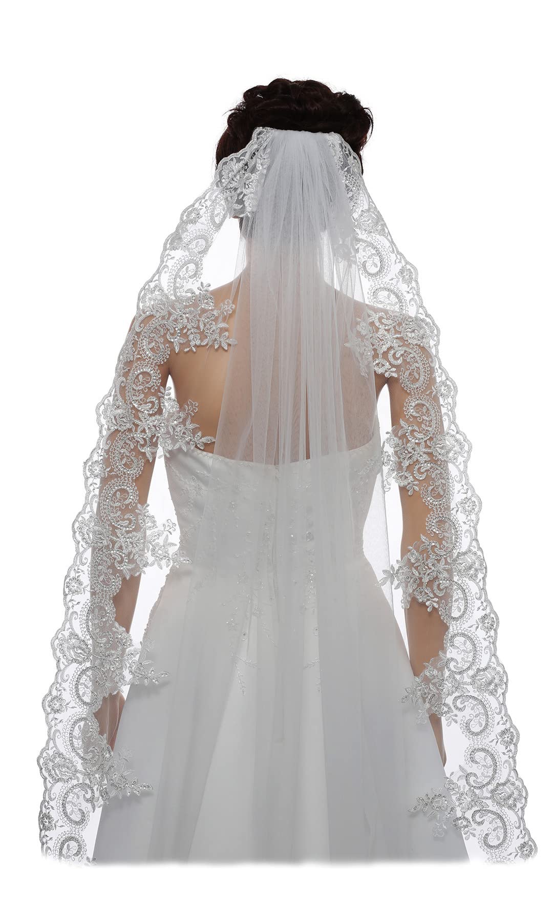 1T 1 Tier Georgeous 6" Embroid Sequin Lace Veil Cathedral Length 108"