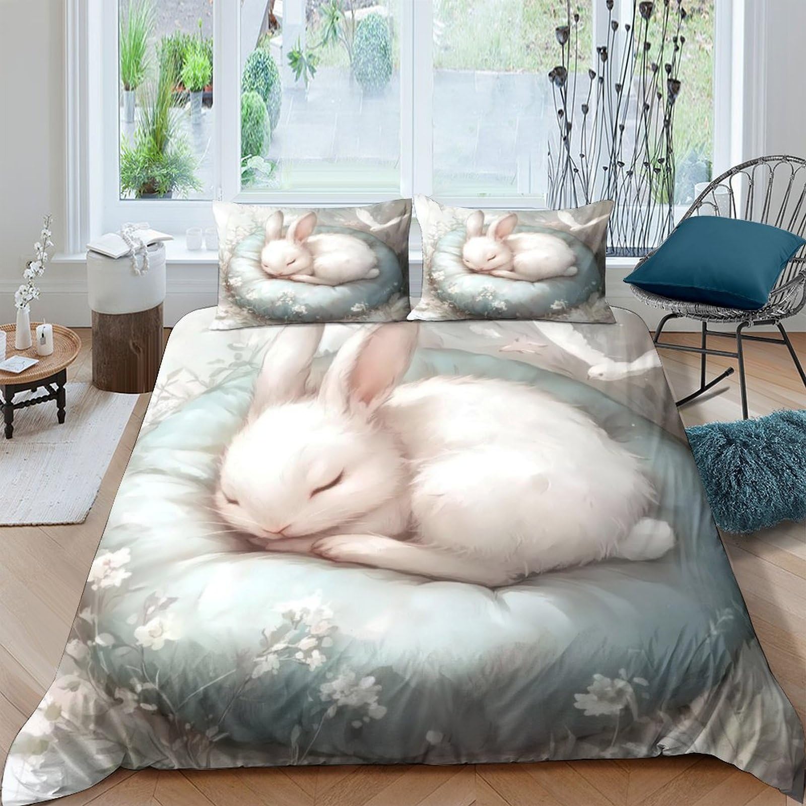 Ctjqhvkz Style-4 3D Printed Sleeping Bunny Fitted Sheet Microfiber Soft Pastel Rabbit Bed Cover For Bedroom Guest Room Decor Mattress Protection Single（135X200cm）