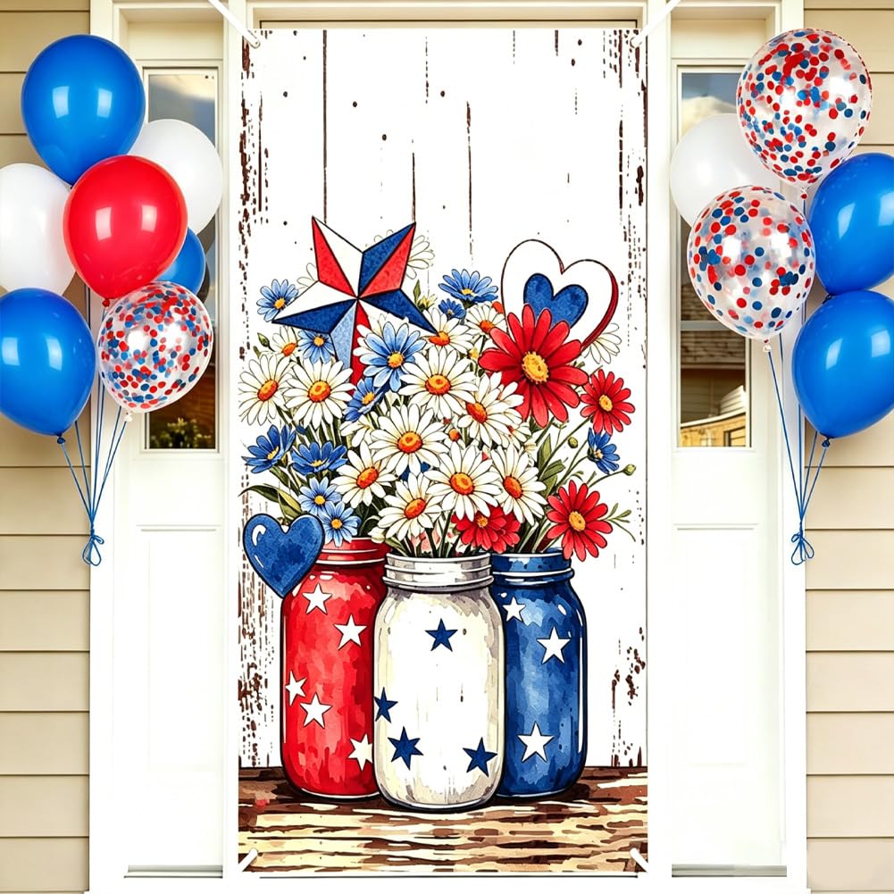 PRESSINART Patriotic Door Cover 71 x 35 Inch Welcome Home Door Banner Red Blue White Daisy Welcome Pattern Polyester Sign Hanger Backdrop Banners for Wall Indoor Outdoor Holiday Home Party Decorations — image 1