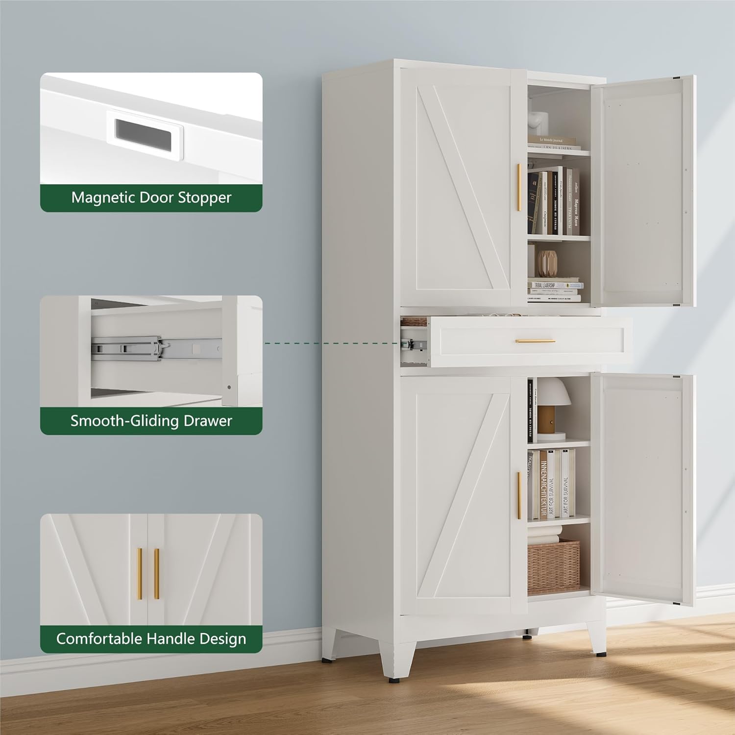 Close-up images showing the magnetic door stopper, smooth-gliding drawer, and comfortable handle design of the Bevivog cabinet.