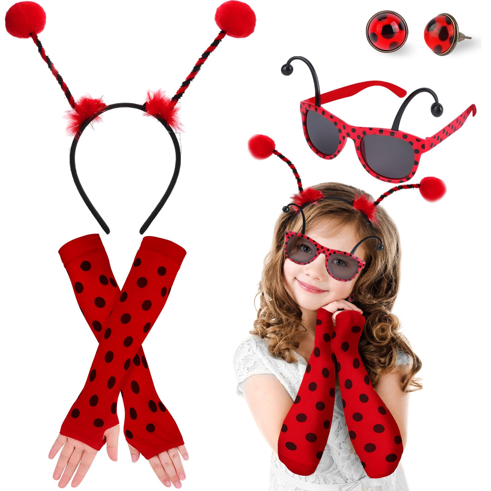dellyy Ladybug Disfraz Mujer, 4 Piezas Accesorios Disfraz Mariquita Niña con Mariquita Diadema Gafas de Mariquita Guantes Largos Pendientes Ladybug, para Fiesta de Carnaval de Halloween Cosplay