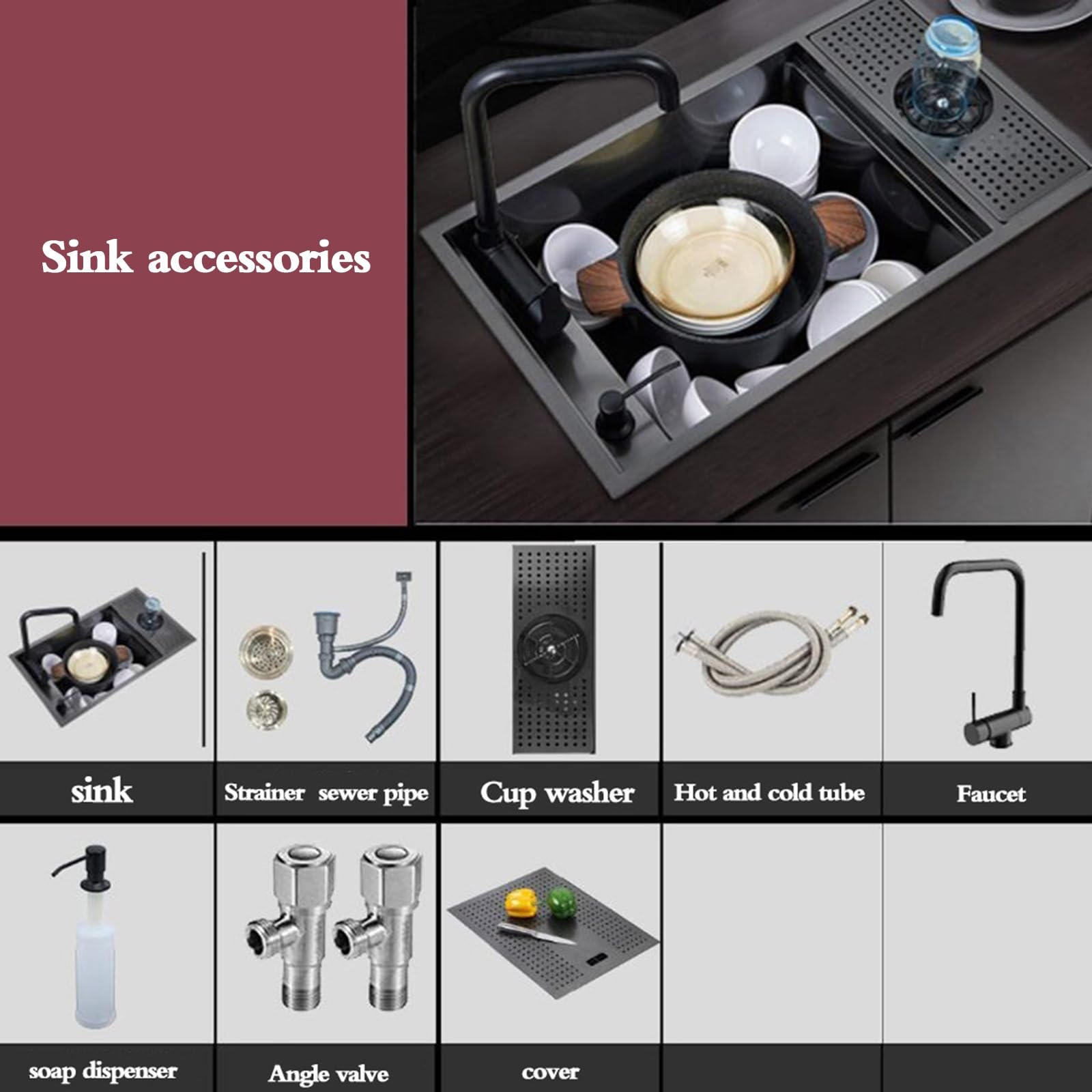 Fregadero de cocina empotrado oculto para apartamento y villa, con accesorios de grifo, sifón y tapa (58 x 32 x 23 cm), perfecto para baños pequeños