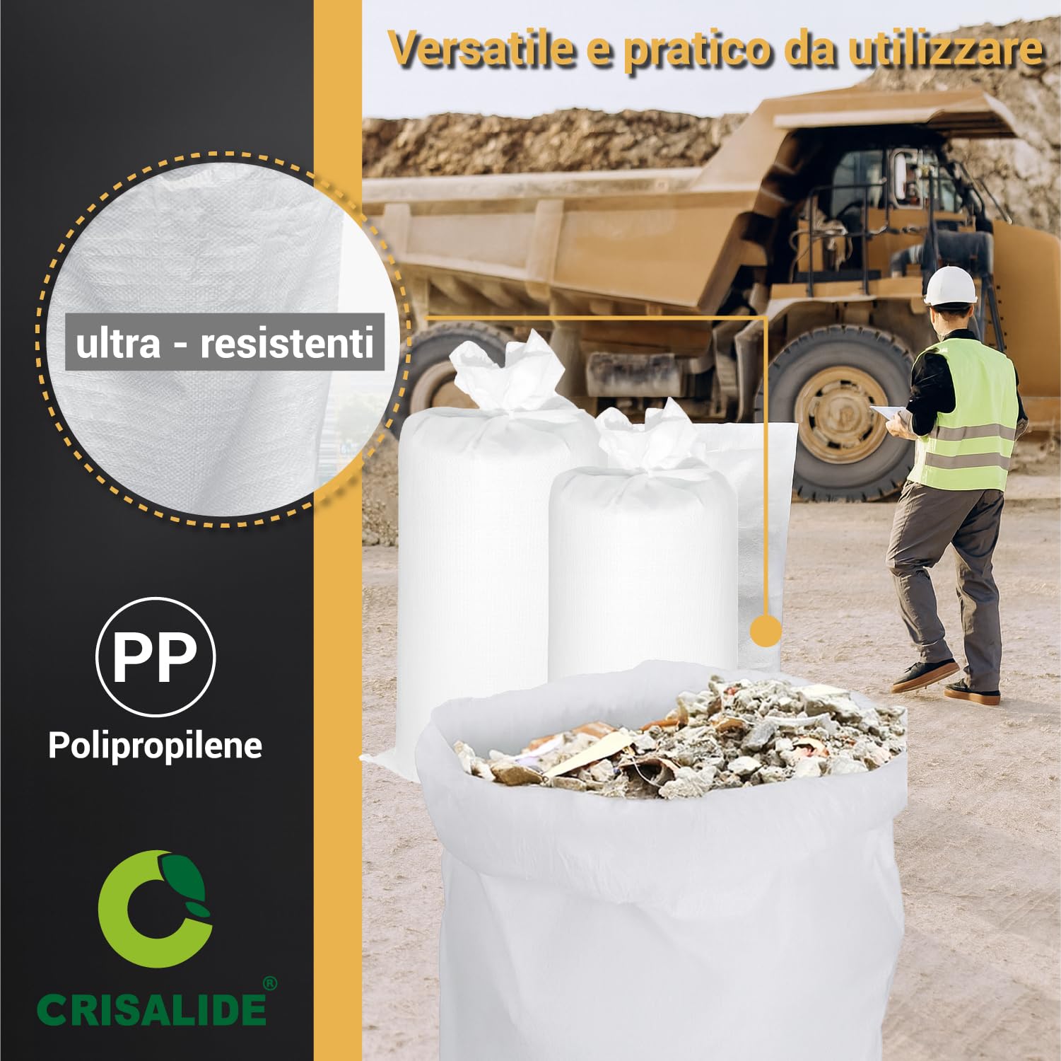 Crisalide Bolsas para escombros de polipropileno – Ultra resistentes, reutilizables, paquete de 10 bolsas + 10 bridas – Disponibles en varios tamaños (10/20/50/100 kg) (100 kg)