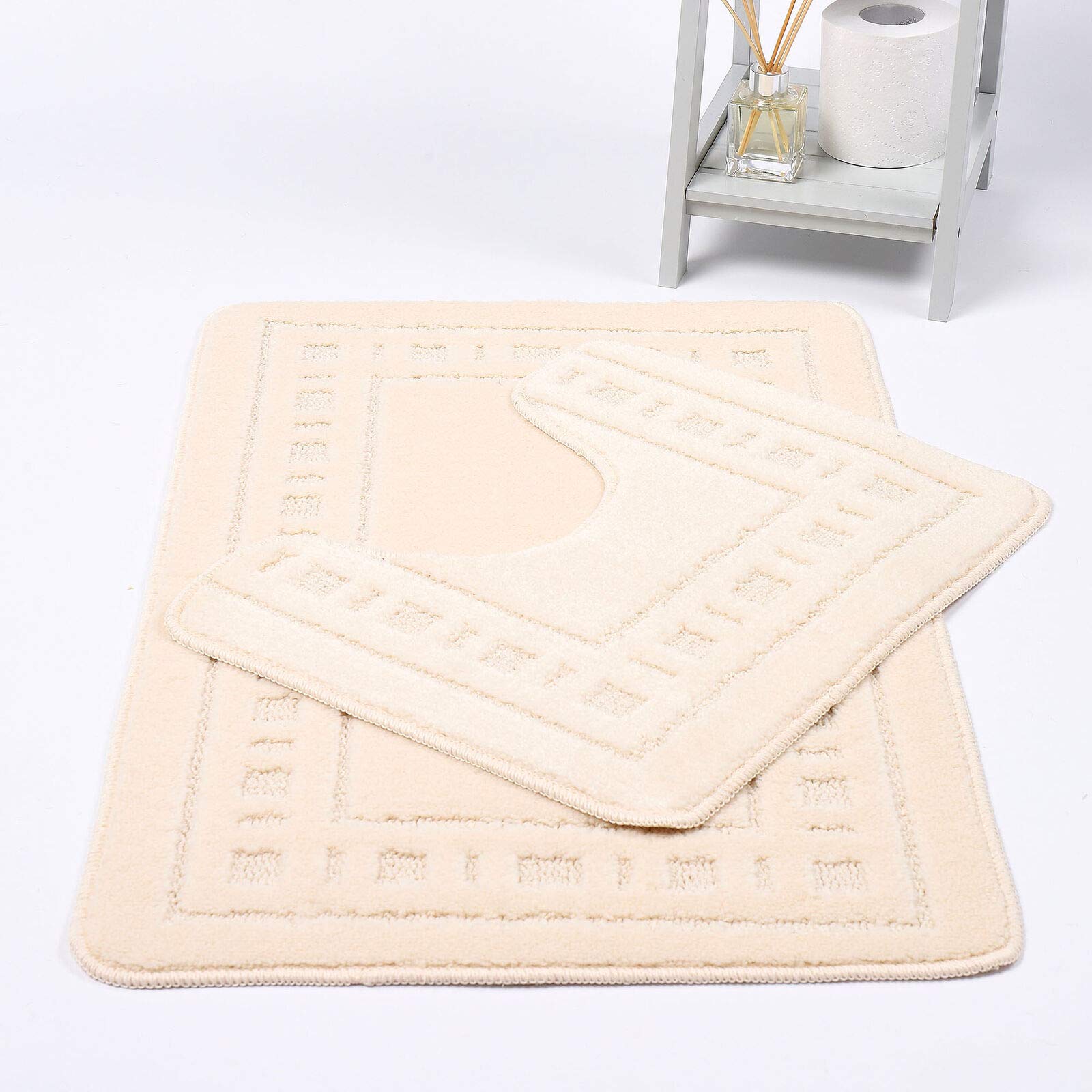 HOMES-LINEN Diem Square 2 Piece Bath Mat & Pedestal Set Non Slip Extra Absorbent Bathroom Toilet Rug Bath Mats Set (Cream) — image 1