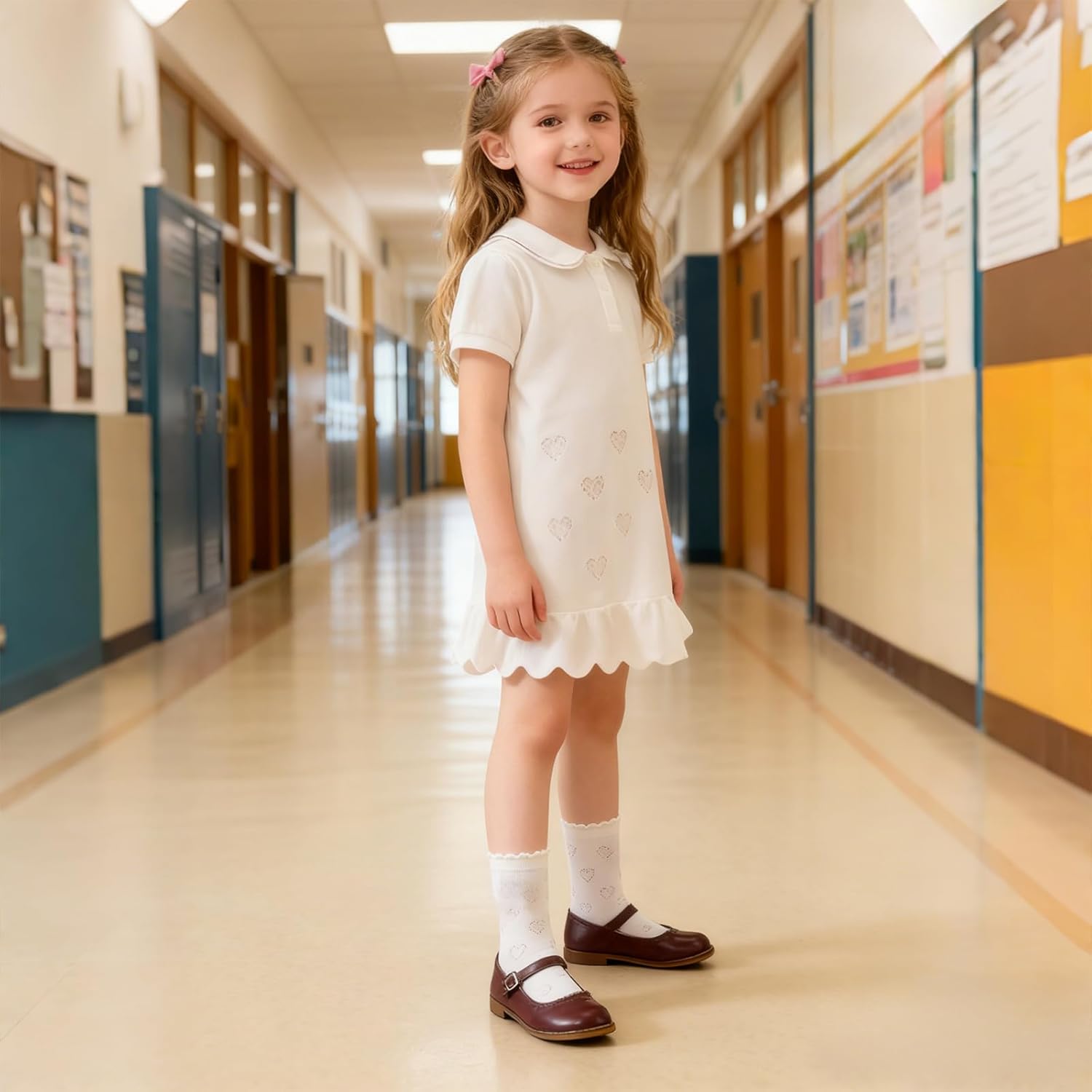 BONANGEL Girls Ruffle Socks, 5 Pairs White Frilly Ruffled School Uniform Cotton Dress Crew Socks for Girls 4-12 Years - Image 2