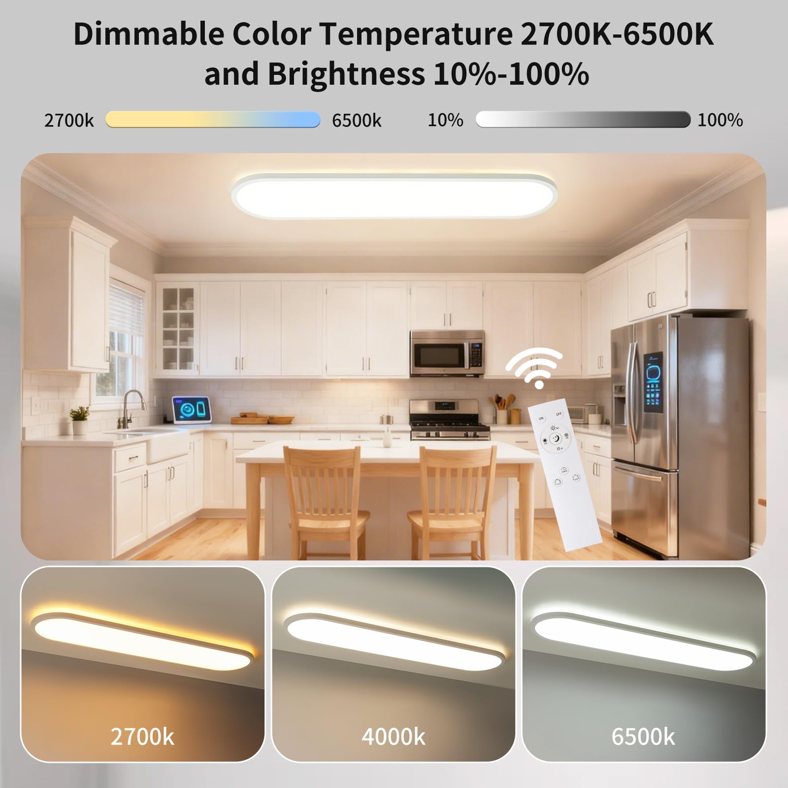 LEZOE Lámpara de techo LED, regulable con mando a distancia, 60x20x2,9cm, 24W 3000 lm 2700K-6500K con función de memoria, ideal para oficina, salón, dormitorio, baño, cocina y despacho ovalada