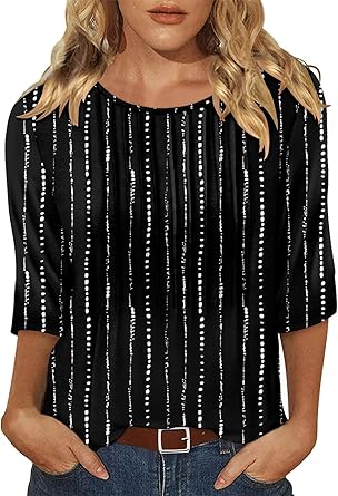 KISSMODA Tunic Tops for Women Loose Fit Dressy Round Neck Pleated 3/4 Length Sleeve Spring Tops