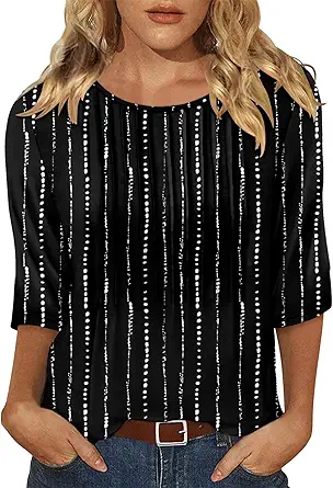 KISSMODA Tunic Tops for Women Loose Fit Dressy Round Neck Pleated 3/4 Length Sleeve Spring Tops