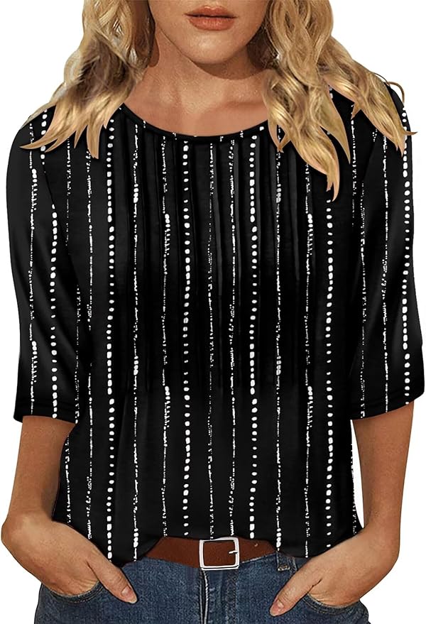 KISSMODA Tunic Tops for Women Loose Fit Dressy Round Neck Pleated 3/4 Length Sleeve Spring Tops