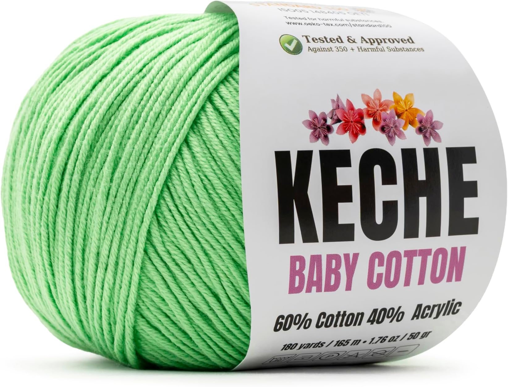 Keche Cotton Yarn, 60% Cotton 40% Acrylic Yarn, Soft Cotton Yarn for Crochet and Knitting, Amigurumi Yarn 1 Skein/Ball 1.76 Oz (50g) / 180 Yrds (165m) - Green