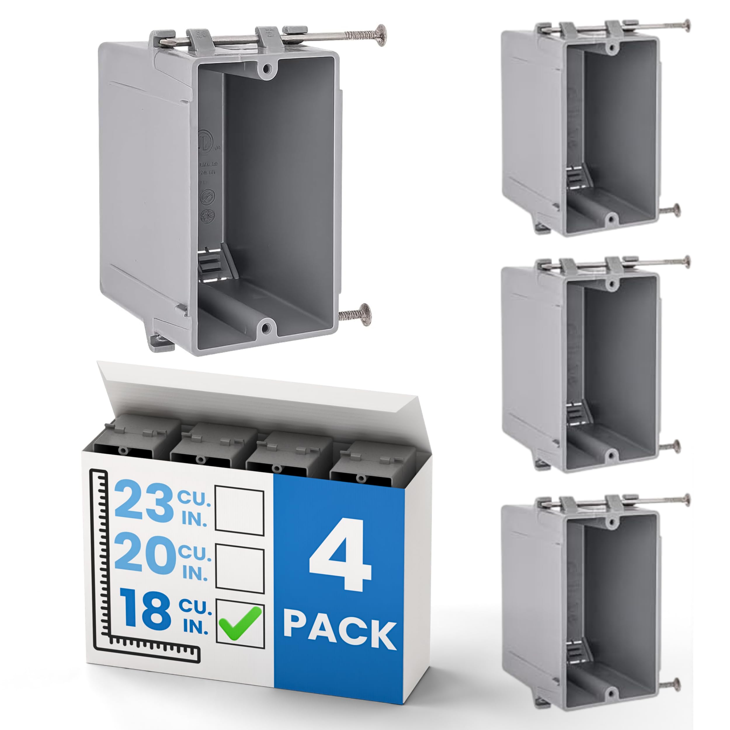 Photo 1 of OHLECTRIC 1-Gang New Work Outlet Box, 18 Cubic Inch (4-Pack) Single Gang PVC Electrical Box Captive Nail Mounting, Non-Metallic PPO/PVC Plastic Construction Boxes GFCI Outlets Dimmers, UL/ETL Listed